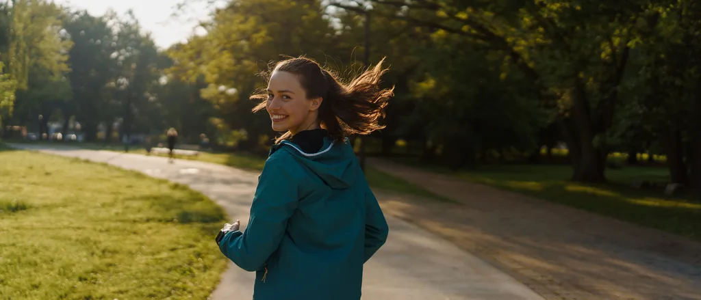 Woman smiling over her shoulder while running on a sunlit park path